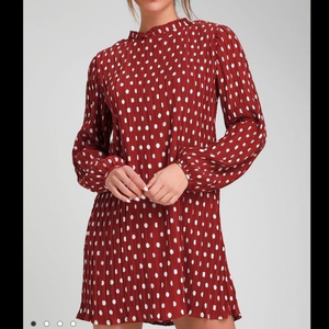 Lulus Pleat to Meet You‎ Wine Red Polka Dot Long Sleeve Shift Dress LARGE